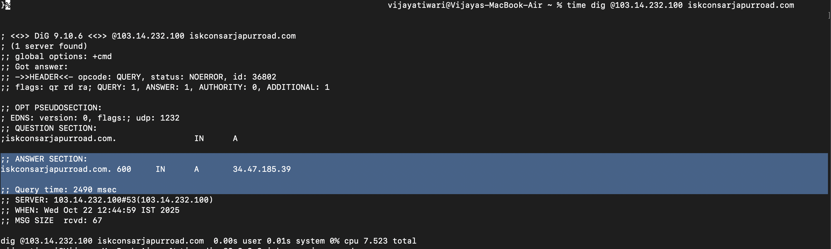 Terminal showing DNS speed comparison