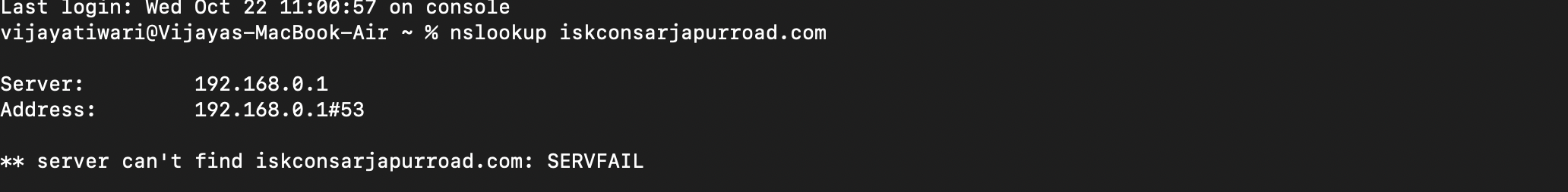 Terminal showing SERVFAIL for iskconsarjapurroad.com