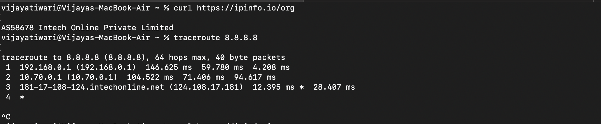 Terminal showing ISP information